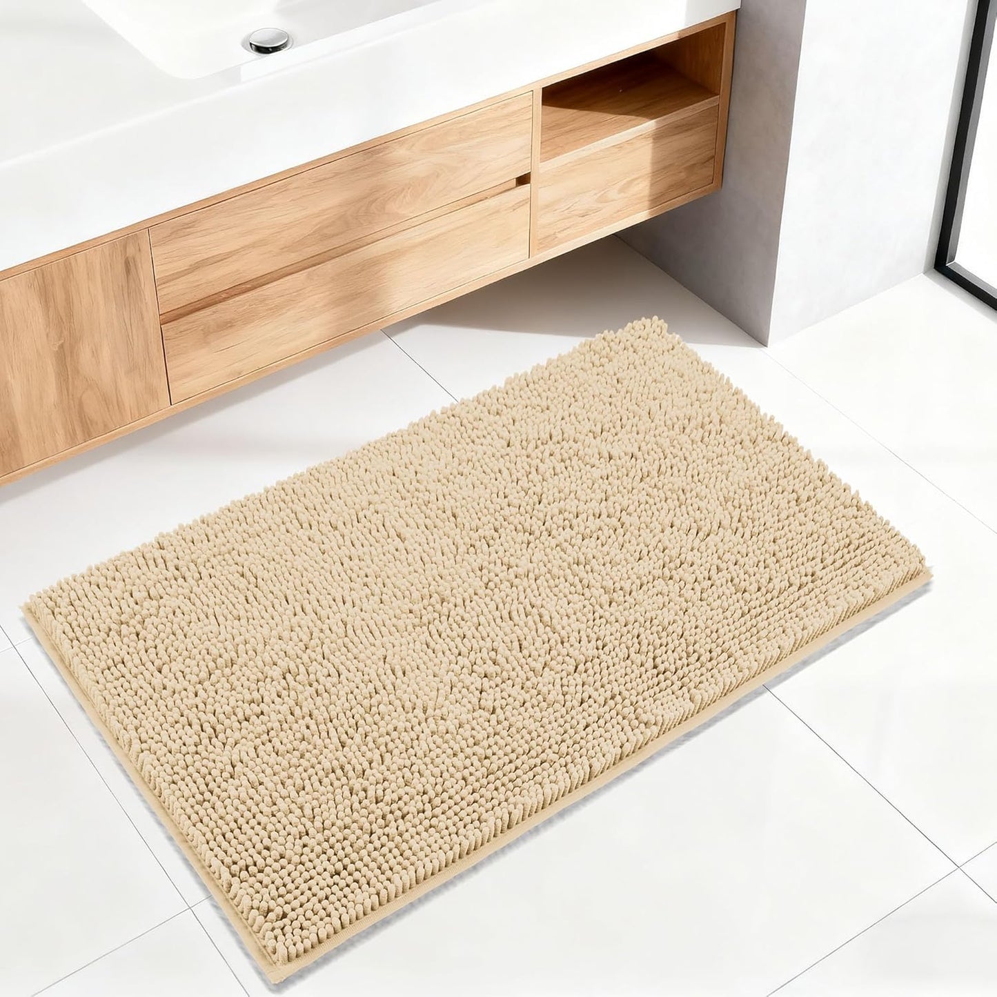 Bathroom Rugs Mat 60 x 36, Thick Soft Absorbent Chenille Bath Rugs, Rubber Backing Bath Mats for Bathroom Floor, Tub, Shower, Bedroom, Home Decor Accessories, Quick Dry Machine Washable, Beige