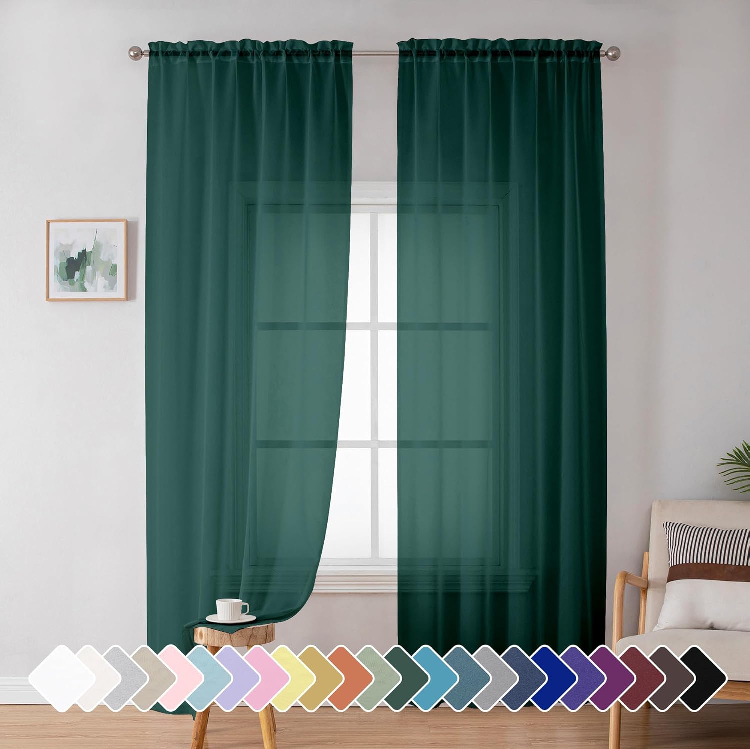 Black Sheer Curtains 63 Inch Length 2 Panels, Rod Pocket Solid Color Window Sheer Curtain Panels, Elegant Curtains & Drapes for Living Room, Bedroom 2 Panels (Black, 42" W x 63" L)