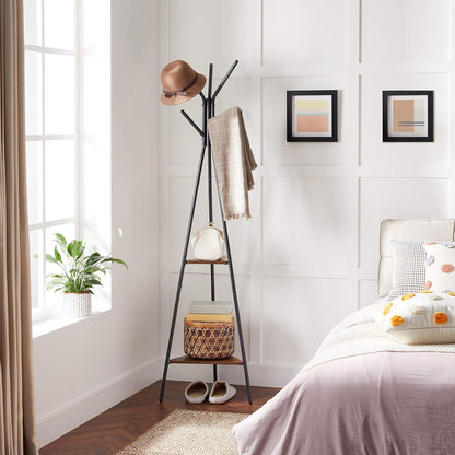 Coat Rack Freestanding, Coat Hanger Stand, Hall Tree with 2 Shelves, for Clothes, Hat, Bag, Industrial Style, Rustic Brown and Black URCR16BX