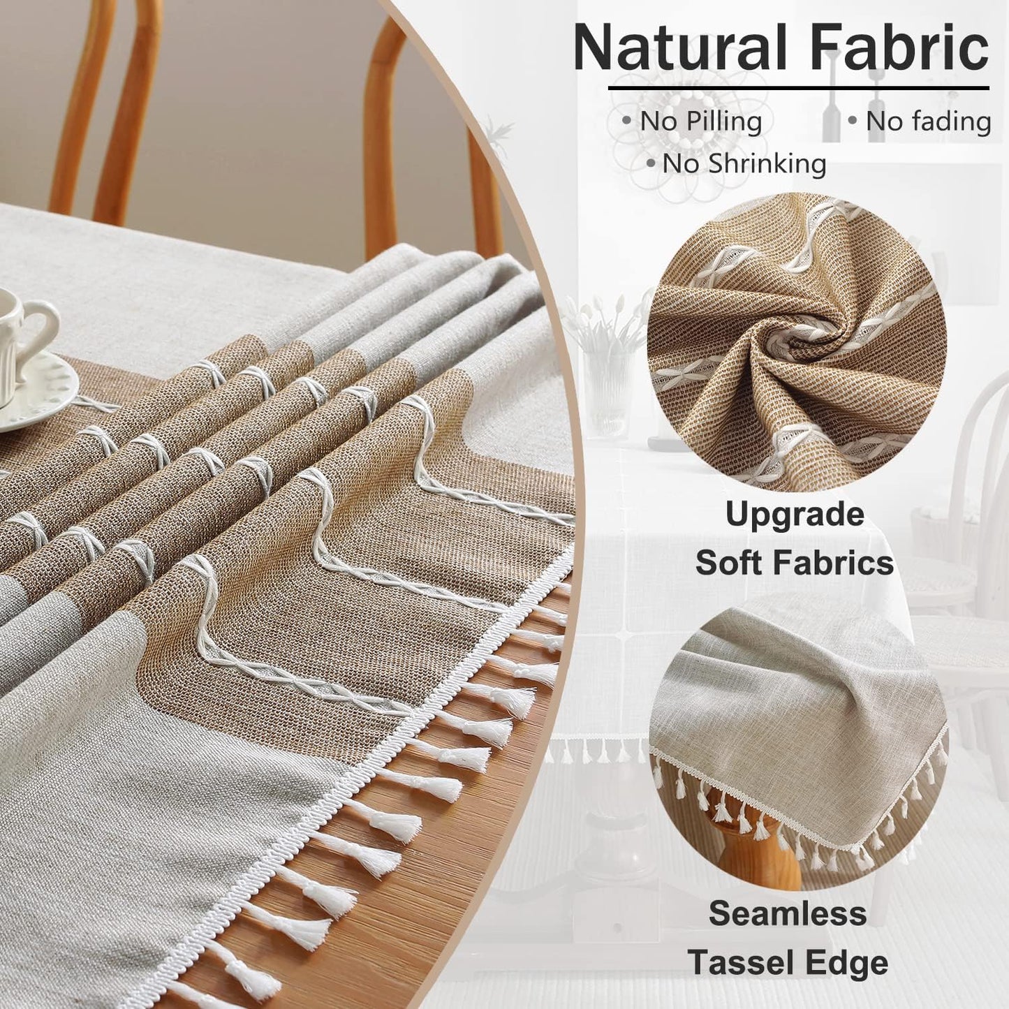 Tablecloths for Rectangle Tables, Cotton Linen Table Cloth Waterproof Tablecloth Wrinkle Free Farmhouse Dining Tables Cover, Soft Fabric Table Cloths with Tassels, Brown, 55" X 70", 4-6 Seats