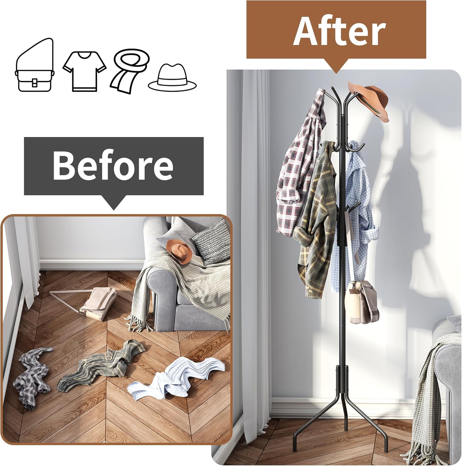 Coat Rack Freestanding Coat Tree Standing Coat and Hat Hanger Jacket Organizer Rack Metal,18.3" L x 18.3" W x 71.5" H, Black