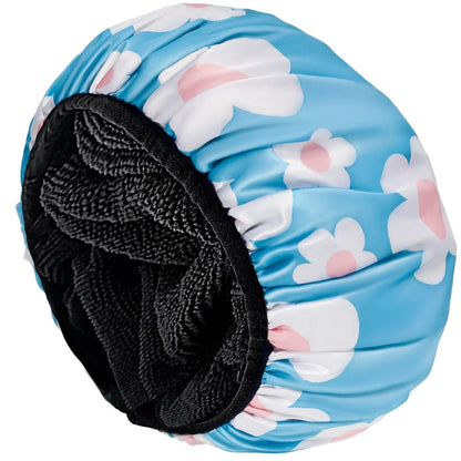 Shower Cap,Terry Lined Shower Cap for Women Reusable, Triple Layer Waterproof Bath Cap, Extra Large for Women Long Hair(Black)