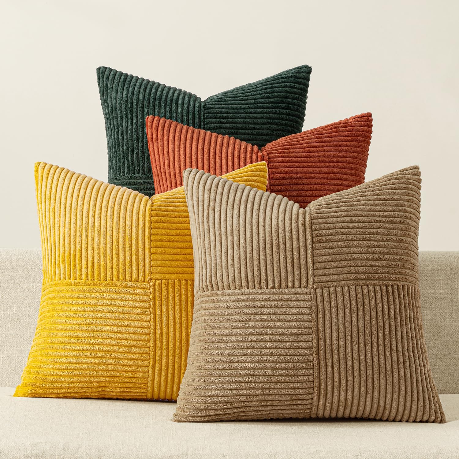 Teal Orange Decorative Throw Pillow Covers 18x18 Inch Set of 4 Boho Corduroy Striped Cushion Cases Modern Farmhouse Patchwork Pillow Cases for Couch Sofa Bedroom Home Decor