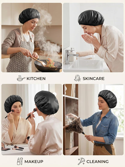 Shower Cap,Terry Lined Shower Cap for Women Reusable, Triple Layer Waterproof Bath Cap, Extra Large for Women Long Hair(Black)