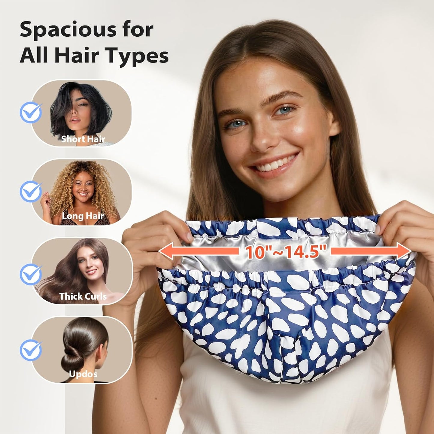 Luxury Shower Cap for Women Reusable Waterproof, Double Layered Shower Hair Cap with Adjustable Elastic Strap, Large Satin Lined Shower Bath Cap for Long Curly Straight Hair, Blue
