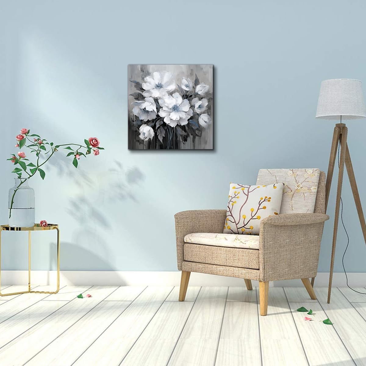 Bathroom Canvas Wall Art, Bathroom Wall Decor,Living Room, Bedroom,Office,Small Gray and White Blue Flower Wall Decoration, 12x12 inches