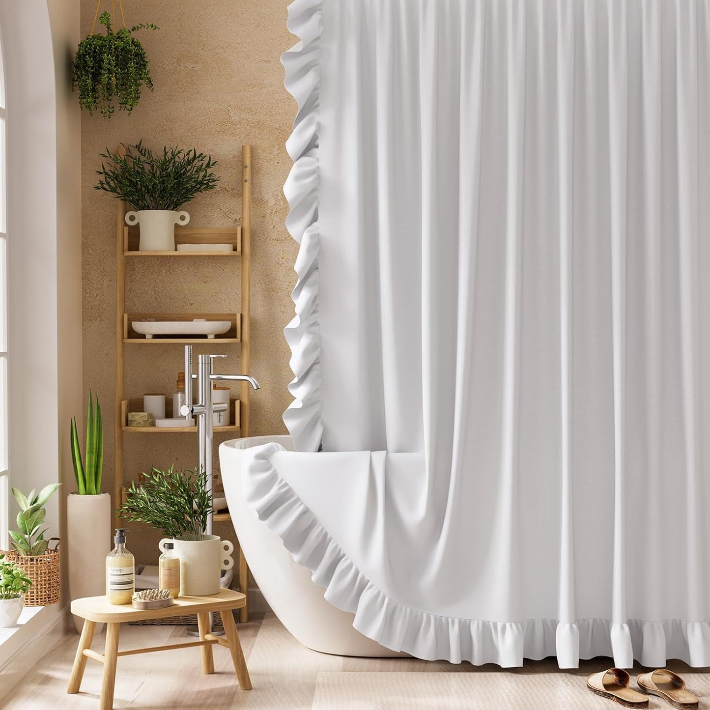 Ruffle Shower Curtain with Three-Side Ruffle, Solid White Farmhouse Curtains, Soft Flowy Layered Fabric, Elegant Spa Style, Clean Minimal Look, Water Repellent,12 Metal Hooks, 72" W x 72" L
