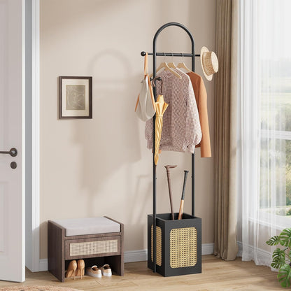 Coat Rack Stand with Wooden Base, Coat Tree Rattan Design, Coat Hanger Stand with 6 Hooks, Small Clothes Rack for Living Room, Bedroom, Office, Black