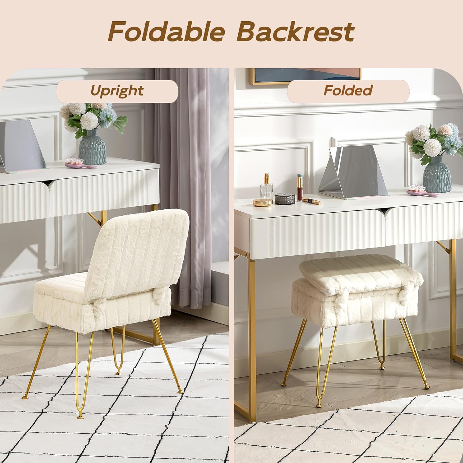 Vanity Chair with Storage, Comfy Ottoman with Folding Back, Faux Fur Vanity Stool with 4 Metal Legs for Make Up, Furry Padded Seat with Anti-Slip Feet for Bedroom Dressing Room