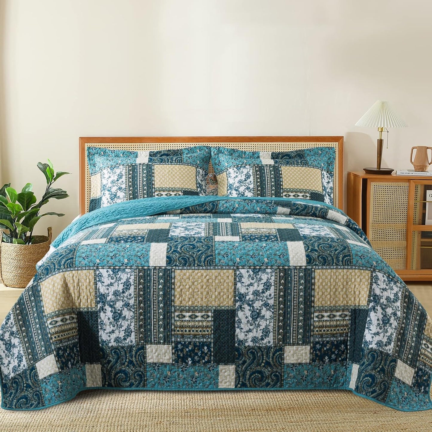 Farmhouse Cotton Quilts Queen Size for Fall - Lightweight Patchwork Autumn Bedspread Set for Bed Coverlet - Highly-Woven Soft Reversible Bed Spread for All Seasons (Floral Orange) 3 Pieces